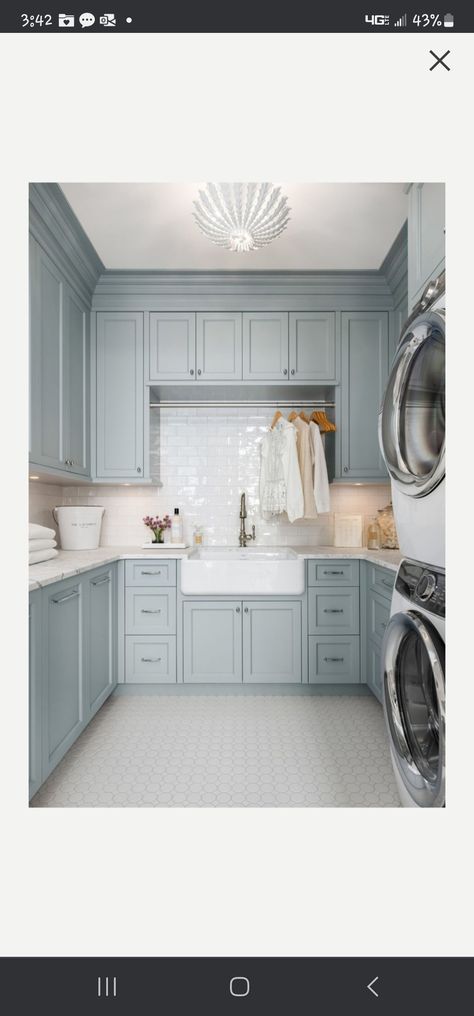 Powder Blue Laundry Room, Dusty Blue Laundry Room, Blue Gray Laundry Room, Blue Cabinets Laundry Room, Laundry Room Wall Colors, Light Blue Laundry Room, Blue Laundry Room, Grey Laundry Rooms, Blue Laundry Rooms