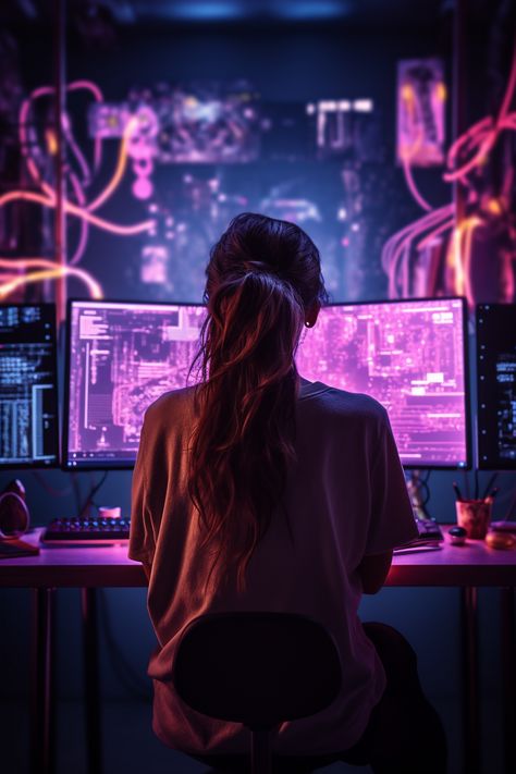 Aesthetic Cybersecurity, Female Gamer Aesthetic, Girl Programming Aesthetic, Senior Software Engineer, Programmer Girl Wallpaper, Female Coder Aesthetic, Computer Science Women Coding, Girls Who Code Aesthetic, Hackers Aesthetic