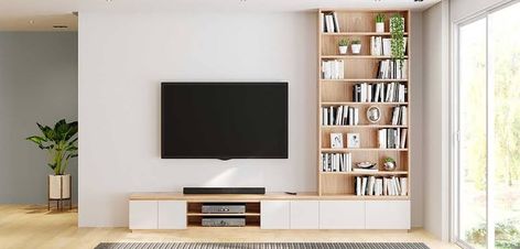 Tv Entertainment Unit Ideas, Entertainment Unit Built In, Mid Century Modern Built In Entertainment Center, Built In Tv Units In Living Room Modern, Media Wall Storage Ideas, Tv Joinery Wall, Built In Tv Wall Unit Modern, Bookcase Tv Wall, Modern Built In Bookshelves