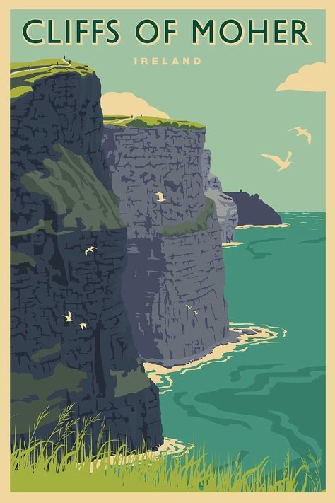 Made with care and pride in Kinsale, County Cork, Ireland by The Canvas Works. From our range of vintage style travel posters of Ireland, this beautifully colorful print features the famous Cliffs of Moher in County Clare. We offer four sizes - 15X20CM, 20X30CM, 30X45CM, 40X60CM.  These sizes are the PRINT SIZE.  The prints are made with a border around them so the glass sizes are 20.3x25.4cm, 30x40cm, 40x55cm and 50x70cm respectively.  We will typically ship the two smallest sizes flat and including a mount.  The 30x45cm and 40x60cm size will ship rolled in a tube.  The glass sizes in INCHES are: 8x10, 12x16, 16x18, 20x28 (glass size = print size plus border/mount).  Each print will be carefully packaged and will be delivered by a trackable mailing service to ensure it arrives safely. All Ireland Artwork, Ireland Wallpaper, Places Poster, Travel Posters Vintage, Ireland Poster, Ireland Cliffs, Cliffs Of Moher Ireland, Ireland Aesthetic, Killarney Ireland