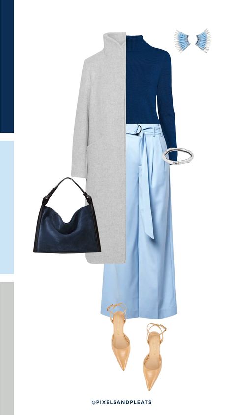 Light blue pants, navy blue turtleneck, gray coat, navy blue bag, nude heels, blue earrings Grey And Blue Outfits For Women, Blue Grey Outfit, Light Blue Wide Leg Pants, Blue Wide Leg Pants Outfit, Wide Leg Pants Outfit Work, Grey Coat Outfit, Baby Blue Outfit, Blue Pants Outfit, Navy Blue Turtleneck