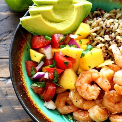 Key West Shrimp Bowls with Mango Salsa - Kim's Cravings Simple Shrimp Tacos, Shrimp Tacos With Pineapple Salsa, Healthy Food Challenge, Parmesan Crusted Cod, Tacos With Pineapple Salsa, Shrimp Bowls, Tacos With Pineapple, Crusted Cod, Shrimp Bowl