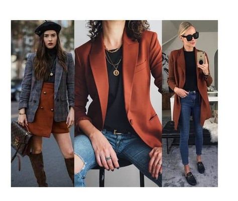 Rust And Blue Outfit, Terracotta Outfit Color Combos, Rust Colored Blazer Outfit, Terracotta Blazer Outfit, Rust Top Outfit Fall, Rust Colored Outfits, Rust Blouse Outfit, Rust Blazer Outfit Women, Rust Outfits For Women