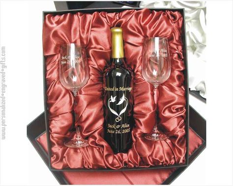 A deep engraved wine bottle and set of personalized wine glasses are combined in this deluxe satin lined gift box creating an unforgettable Wedding or Anniversary Gift. Present this to your best friend on her 1st Wedding Anniversary or to the Parents of the Bride and Groom for all their help with the wedding. Wine Glass Gift Box Ideas, Wedding Gift Ideas For Bride And Groom, Wine Glass Gift Basket, Liquor Baskets, Couples Wine Glasses, Engraved Wine Bottles, Closet In Bedroom Ideas, Open Closet In Bedroom, Closet In Bedroom