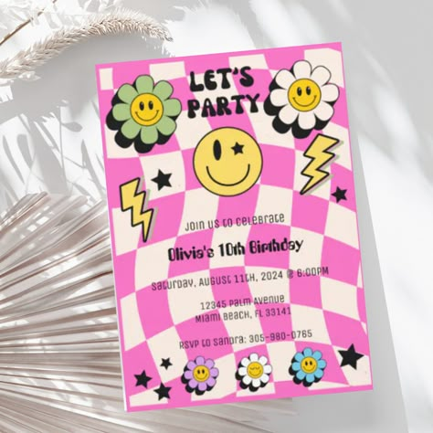 Preppy Hot Pink Y2K Happy Face Retro Birthday Preppy Birthday Invites, Preppy Birthday Party Invitations, Preppy Themed Birthday Party, Preppy Birthday Invitations, Preppy Sage Green, Preppy Birthday Party, Threenager Party, Bold Website, Y2k Birthday