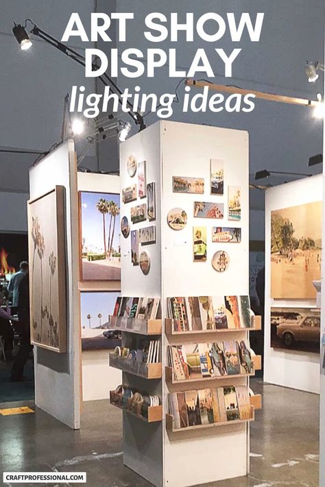 Art show display lighting ideas. 9 photos show you how to light your booth at craft fairs. Photo Exhibition Design, Art Print Booth Display, Indoor Craft Booth Displays For Frame Art, Photographer Booth Display, Digital Art Exhibition Display, Art Display Ideas Exhibitions, Art Show Display Ideas, Art Festival Booth Display Paintings, Light Art Exhibition