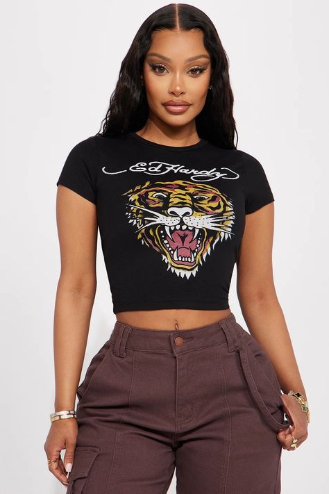 Ed Hardy Tiger, Tiger Roar, Luxe Clothing, Tops And Bottoms, Tiger Head, Black Graphic Tees, Fitted Tee, Tee Shirt Print, Ed Hardy