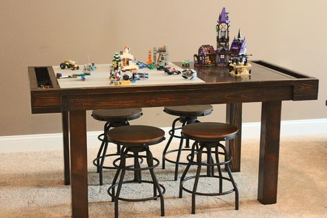 Adult Upscale Lego Table. Our custom Lego table from James + James Furniture.  Paired with stools from Home Decorators Collection.  A space for creative building, recessed trays for holding Legos and a surface to display constructed sets. Lego Table For Adults, Lego Station, Dream Playroom, Teen Lounge, Creative Building, Lego Display, Lego Table, Room Vibes, Chill Room