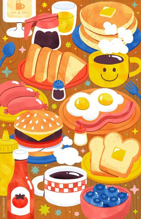 Robin Sheldon Illustration Fun Food Illustration, Food Illustration Art Dessert, Food Illustration Art Graphics, Retro Food Art Illustrations, Sweets Illustration Food Art, Diner Desserts, Kawaii Dessert Art, Diner Illustration, Breakfast Illustration Food