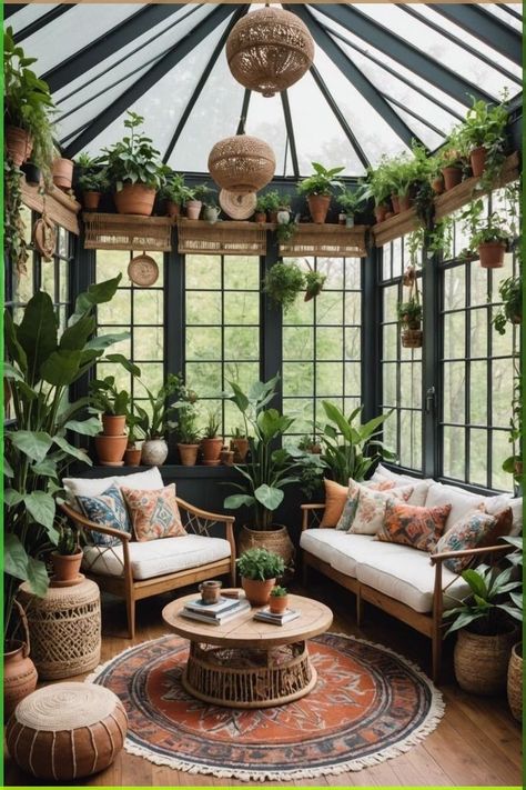 Living Room Indoor Garden Ideas, Solarium Furniture Ideas, Conservatory Design Ideas, Reading Room Sunroom, Sunroom Greenhouse Ideas, Boho Conservatory, Sunroom Bohemian, Boho House Aesthetic, Green House Interior Ideas