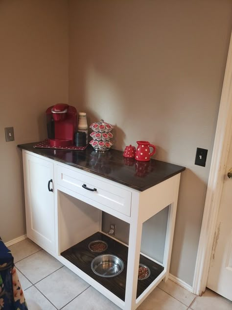 Coffee Bar Pet Station, Coffee Bar With Dog Bowls, Coffee Bar With Dog Food Storage, Cat Feeding Station Laundry Room, Laundry Room Dog Food Station, Dog Food Storage And Feeding Station, Coffee Bar Dog Feeding Station, Dog Station In Kitchen, Pet Station Ideas