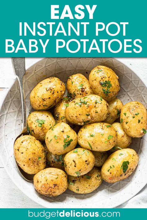 Fork tender buttery Instant Pot Baby Potatoes are quick and easy to make with minimal prep and just 5 minutes of cook time under pressure. Plus, it is just as easy to switch up with flavors and add-ins to suit your family's taste. This flavorful side dish is good with any meal including grilled meats and fish and in salads or casseroles. #instantpot #babypotatoes #potatoes #pressurecooker Mini Potatoes Instant Pot, Small Potatoes In Instant Pot, Instant Pot Baby Potatoes, Instant Pot Potatoes, Instant Pot Red Potatoes, Pressure Cook Potatoes, Seasoned Butter, Small Potato, Healthy Thanksgiving