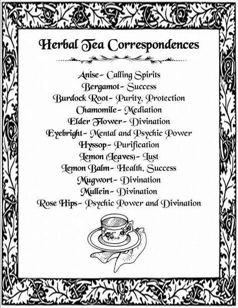 Herbal Tea Correspondences. Tea Magic, Green Witchcraft, Tea Reading, Magic Herbs, Witchy Tips, Kitchen Witchery, Eclectic Witch, Book Of Shadow, Herbal Magic