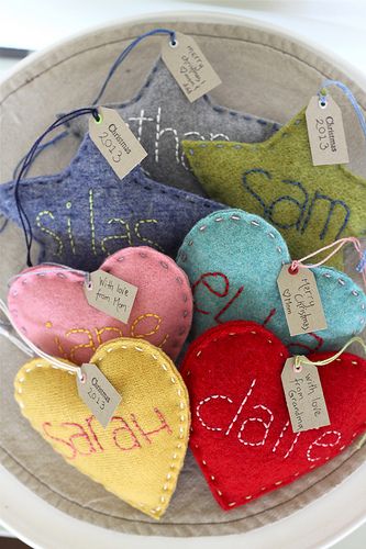 nestled together | Just opened up an Etsy shop and stocked i… | Flickr Felt Heart Ornaments, Hand Embroidered Name, Felt Star, Barn Parties, Felt Christmas Decorations, Felt Heart, Navidad Diy, Embroidered Name, Felt Ideas