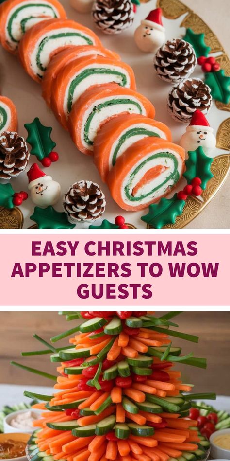 A vibrant platter showcasing festive appetizers including cream cheese smoked salmon roll-ups and a creative veggie platter shaped like a Christmas tree. This pin features two elegant images perfect for Christmas party preparation. Easy Recipes To Impress, Recipes To Impress Guests, Smoked Salmon Rolls, Quick Finger Foods, Appetizers Easy Recipes, Salmon Rolls, Starter Ideas, Christmas Appetizers Easy, Easy Starters