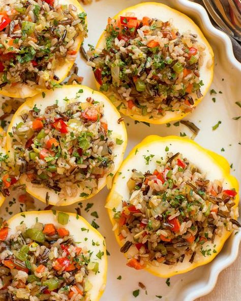 Wild Rice and Veggie Stuffed Patty Pan Squash Stuffed Patty Pan Squash, Pan Squash Recipe, Patty Pan Squash Recipe, Summer Squash Soup, Pan Squash, Pattypan Squash, Summer Squash Casserole, Butternut Recipes, Wild Rice Recipes