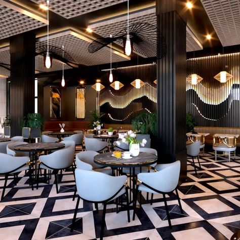 Modern Bistro Interior Design, Cafeteria Design Ideas Interiors, Classical Restaurant Interior, Black And White Restaurant Interior, Restaurant Interior Design Modern Ideas, Classic Cafe Interior, Ceiling Design For Restaurant, Luxury Restaurant Interior Design Modern, Luxury Cafe Interior Design