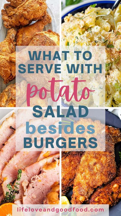 30 Delicious Dishes to Eat with Potato Salad — more than just burgers? Join me on a journey to find the perfect match for your summertime BBQ parties and more, with homemade potato salad as the star! https://lifeloveandgoodfood.com/30-delicious-dishes-to-eat-with-potato-salad/ Potato Salad And Chicken Dinner, Potato Salad Side Dishes, Potato Salad Dinner Ideas, What To Eat With Potato Salad, What Goes With Potato Salad, Patato Salad, Amish Potato Salads, Homemade Potato Salad, Healthy Fried Chicken