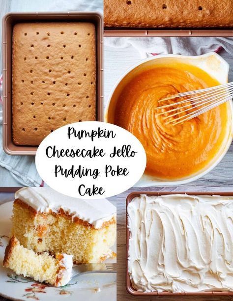 This simple Pumpkin Cheesecake Jello Pudding Poke Cake begins with a cake mix, pumpkin puree, and Jello Pudding and is finished with a whipped topping. It’s an easy poke cake recipe that’s full of fall flavors! Cheesecake Jello, Easy Poke Cake, Slow Cooker Pumpkin Butter, Cake Mix Pumpkin, Pumpkin French Toast Casserole, Pudding Poke Cake, Poke Cake Recipe, Pumpkin French Toast, Decadent Chocolate Desserts