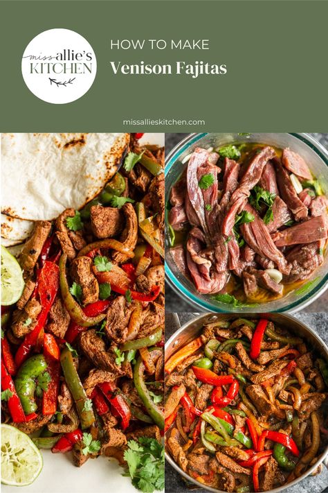 These super simple Venison Fajitas will be a staple in your house. The easy cilantro lime marinade makes for a healthy & flavorful meal! Venison Fajitas Recipe, Venison Fajitas, Steak Taco Marinade, Canning Venison, Mexican Marinade, Venison Marinade, Steak Fajita Marinade, Cilantro Lime Marinade, Lime Marinade