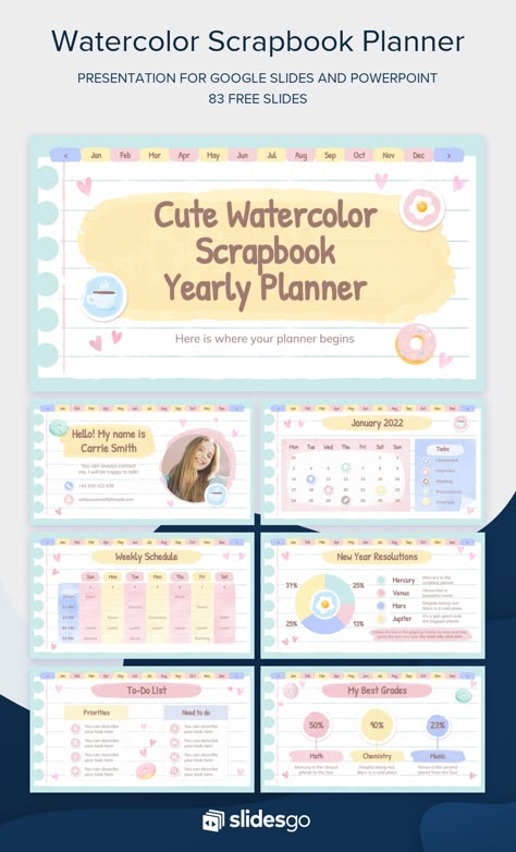 Cute Watercolor Scrapbook Yearly Planner Scrapbook Ppt Template, Canva Planner Template, Google Slides Presentation Ideas, Cute Ppt Template, Canva Ppt Template, Yearly Planner Template, Slidesgo Templates, Watercolor Scrapbook, Cute Powerpoint Templates