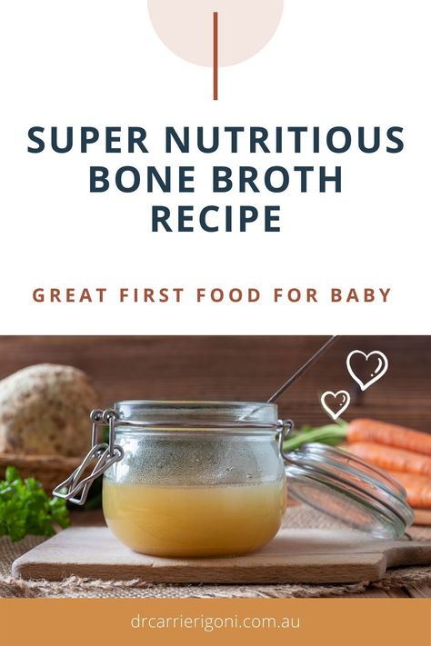 Yummy Bone Broth for your Baby by Dr Carrie Rigoni. Bone broth is my number one choice for baby's first food. It is full of goodness, but is easy to digest, and makes a great stepping stone into the world of food introduction. Plus...! It is easy to make, and you can make enough to freeze and last a long time! Click through for recipes and baby food introduction tips. Introducing solids to your baby. Food introduction for your baby. #drcarrierigoni Best First Baby Foods, Food For Strong Bones, Easy Homemade Baby Food, Easy To Digest Foods, Healthy Kid Friendly Meals, Bone Broth Recipe, Baby First Foods, Introducing Solids, Chicken Sweet Potato