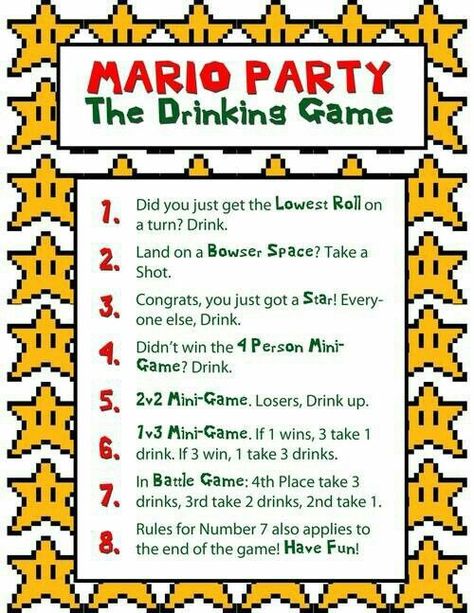 Mario Party Drinking Game Drinking Games For 3, Drunk Games, Drinking Card Games, Party Rules, Drinking Games For Parties, Fun Drinking Games, Super Party, Drinking Game, Drinking Party