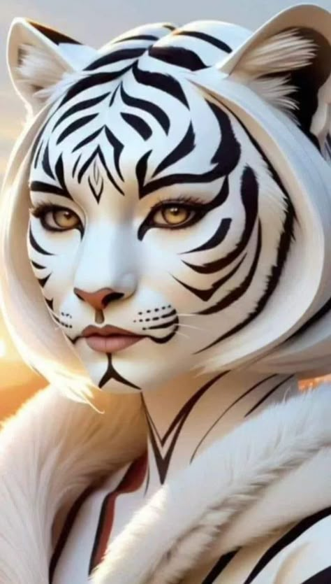 Woman And Tiger, Painting Trends, Tiger Woman, Halloweenský Makeup, Female Body Paintings, Alien Face, Hybrid Art, Tableau Art, Cat Makeup