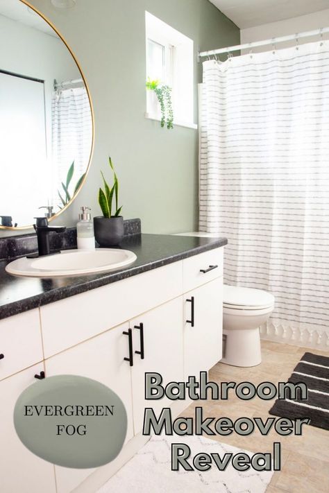 Bathroom With Evergreen Fog Paint, White Cabinet In Bathroom, Accent Wall In Bathroom Painted, Bathroom Feature Wall Paint, Sage Green Wall Bathroom, Bathroom Evergreen Fog, Evergreen Fog In Bathroom, Evergreen Fog Bathroom Vanity, Bathroom Accent Wall Ideas Paint