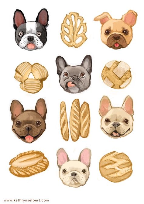 French bulldogs and French pastries Bread Illustration, Tier Tattoo, Bulldog Francese, Bulldog Art, 강아지 그림, Images Vintage, Fun Illustration, French Bread, Dog Illustration