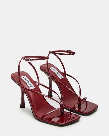 ANNIE Wine Patent Strappy Heel | Women's Square Toe Heel Red Heel Sandals, Strappy Heels Aesthetic, Wine Red Shoes, Women’s Dress Shoes, Steve Madden Heels Outfit, Heeled Sandals Outfit, Black And Red Heels, Cute Outfits With Heels, Dark Red Heels