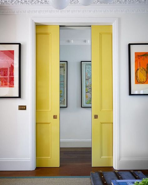 Naomi Astley Clarke on Instagram: "Our celebrated yellow lacquer pocket doors. Sunshine on a rainy day . : . . . ⠀⠀⠀⠀⠀⠀⠀⠀⠀ #interiordesigner #stunning #home #bespokejoinery…" Pocket Doors Bathroom, Interior House Design, Yellow Houses, Bespoke Interiors, Folding Doors, Architectural Features, Pocket Doors, Front Room, Door Design