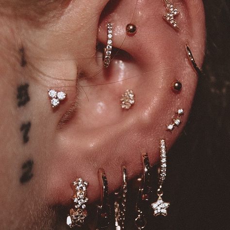 Ear Piercing Curation Silver, Fully Pierced Ears, Ear Curation Silver, Ear Mapping Piercing, Piercing Stacks, Ear Mapping, Ear Piercing Curation, Full Ear Piercings, Curated Ears