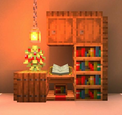 Minecraft Quick House, Minecraft Small Interior Ideas, Cute Minecraft Closet, Cute Interior Design Minecraft, Book Shelf Minecraft, Small Minecraft Builds Inside, Minecraft Dresser Ideas, Minecraft Home Decor Ideas, Minecraft Crafting Area