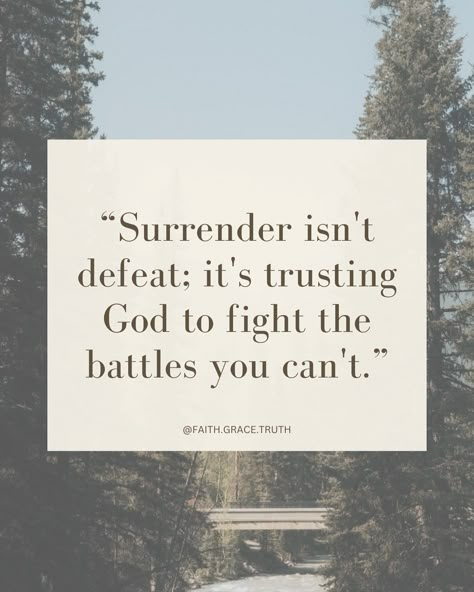 When you finally lay it all at God’s feet, that’s when the real breakthroughs happen. Surrender isn’t weakness—it’s the greatest act of trust you can show your Creator. There’s a peace that comes when we stop trying to control what was never ours to carry. Surrendering to God means releasing your burdens and letting His strength replace your striving. It’s in that place of surrender that miracles unfold, doors open, and peace that surpasses all understanding fills your heart. What do you nee... Total Surrender To God, God And Peace Quotes, Quotes On Surrendering To God, Surrendering To God Quotes, Surrender To God Quotes, Surrender Quotes, Giving It To God, Surrendering To God, Godly Affirmations