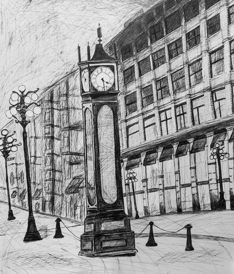 I felt in love of this place, Gastown clock is so beautiful that I couldn't hold myself of drawing it.   #INK #Inktober #gastown #vancouver Vancouver Drawing, Inktober Ideas, Gastown Vancouver, Collage Moodboard, Hold Me, So Beautiful, Big Ben, Vancouver, In Love