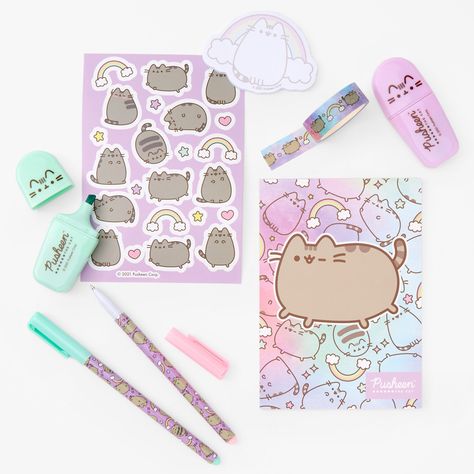 Like magic, this sweet stationery set featuring rainbows and Pusheen® will brighten your day! The set includes a notebook, pens, highlighters, stickers, and more. With matching supplies, you can be stylish out of school and IN school. Stationery Set by Pusheen® Included: 1 notebook, 1 sticker sheet, 1 sticky note pad, 1 tape roll, 2 highlighters, 2 pens Material: Plastic, Paper Suitable for ages 3+ - Claire's Pusheen® Stationery Set Cute Stationary Pens & Pencils, Pusheen School Supplies, Pusheen Stationery, Stationery Pens Kawaii Pen Shop, Pusheen Collection, Kawaii School Supplies Kawaii Pen Shop, My Melody Stationery Set, Stationary Craft, Pusheen Cute