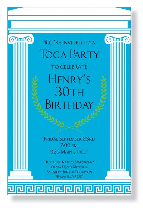 Greek Invitation Design, Toga Party Invitations, Toga Theme, Greek Birthday, Greek Party Theme, Greece Party, Greek Toga, Roman Toga, Greek Theme