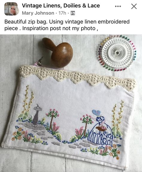 Vintage Handkerchiefs Crafts, Handkerchief Crafts, Vintage Tray, Gift Bags Diy, Embroidery Bags, Vintage Handkerchiefs, Vintage Tablecloths, Slow Stitching, Vintage Linen