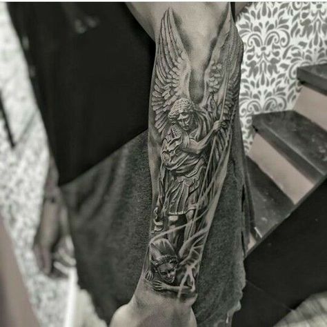 Religious Tattoo Sleeves, Holy Tattoos, Portrait Tattoo Sleeve, St Michael Tattoo, Outer Forearm Tattoo, Biblical Tattoos, Archangel Tattoo, Creative Tattoo, Forearm Sleeve Tattoos