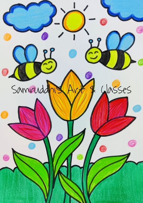 By Samruddhi's Art & Classes Flower Drawing For Kids, Tulip Flower Drawing, Cute Drawings For Kids, Tulip Drawing, Kids Canvas Painting, معرض فني, Buddhist Art Drawing, Art Kits For Kids, Easy Cartoon Drawings