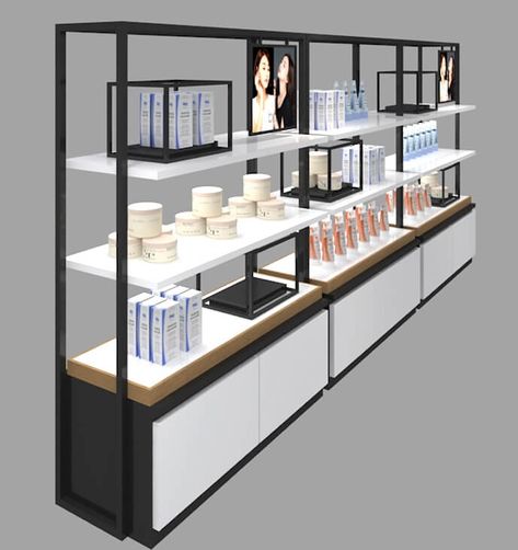 custom made store display rack cosmetic Display Rack Design Retail Stores, Cosmetic Shop Interior Design Shelves, Small Cosmetic Shop Interior Design, Cosmetic Display Design, Skin Care Display, Salon Retail Display, Retail Wall Displays, Cosmetics Display Stand, Retail Shelves