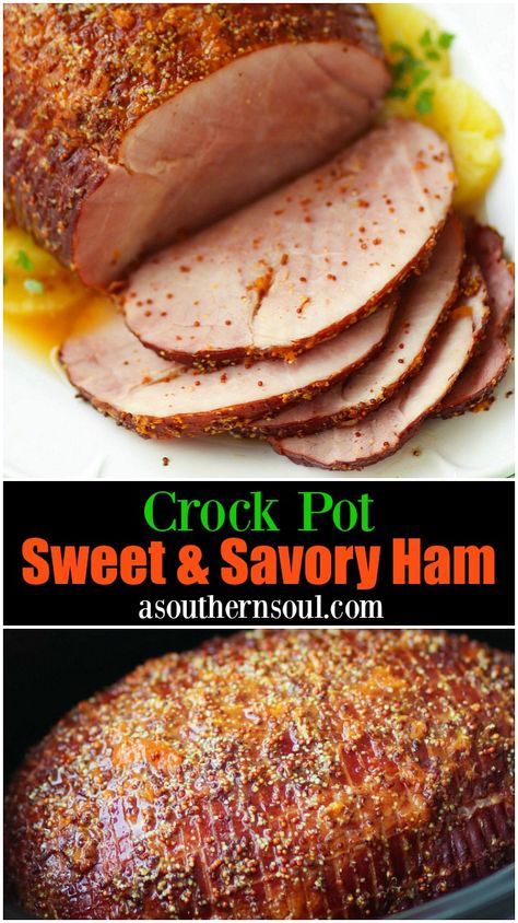 With only three ingredients and your crock pot, you can turn a ham into something truly amazing! It's sweet from an easy to make glaze of pineapple juice, apricot preserves and mustard and tender from being cooked low and slow. This Easter, give yourself a break and make this ham in the slow cooker for a show stopping dish everyone is sure to love. #crockpotham #crockpot #holidayham #ham #spiralham #easyrecipe #holidayrecipe #sweetandsavory #slicedham #easter Boneless Ham, Crockpot Dessert, Savory Ham, A Southern Soul, Apricot Preserves, Slow Cooker Roast Beef, Crockpot Ham, Ham Recipe, Slow Cooker Roast