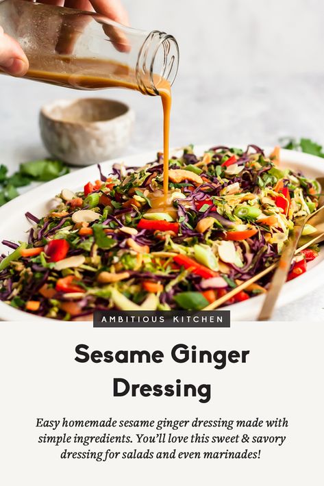 Brussels Salad Recipe, Healthy Homemade Dressing, Homemade French Dressing, Ginger Dressing Recipe, Sesame Dressing Recipe, Sesame Ginger Dressing, Sesame Dressing, Ambitious Kitchen, Sesame Ginger