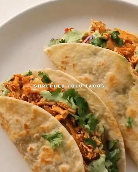 vegan.tips.channel on Instagram: ""GET The Complete Plant Based Cookbook - Over 100+ Delicious Vegan Recipes Including 30-day Meal Plans" =>> LINK IN BIO 🔗 @vegan.tips.channel 1️⃣ or 2️⃣? What recipe do you like the most? By @Mitali.eats 1️⃣ SHREDDED TOFU TACOS Recipe: Ingredients: 1 block tofu 1/3 onion, chopped 1/3 red pepper, chopped 2 tbsp olive oil 2 tbsp tomato sauce al pastor seasoning blend salt, pepper cilantro lime sauce: 1 bunch cilantro 4 tbsp mayo or yogurt juice of 1/2 lime Al Pastor Seasoning, Veg Tacos, Shredded Tofu, Tofu Tacos, Cilantro Lime Sauce, Taco Ingredients, Plant Based Cookbook, Lime Sauce, Vegan Eats