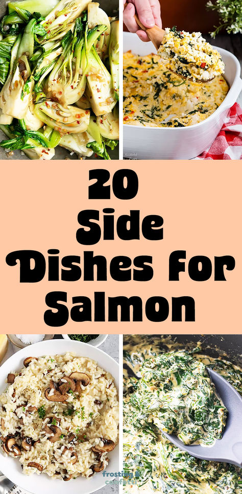 If you're making salmon for lunch or dinner and don't know what to serve with it, try one of these side dishes that go perfect with salmon. You'll find creamed spinach, mushroom risotta, bok choy, rice pilaf, and more. Salmon Sides Dishes Rice, Sides For Smoked Salmon, Smoked Salmon Side Dishes, Stuffed Salmon Side Dishes, Salmon Dinner Sides, Sides That Go With Salmon, Sides For Salmon Dinner, Side Dish With Salmon, Side For Salmon