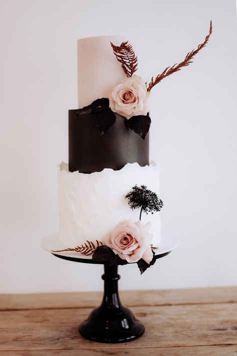 Blush Neutral Black Wedding, Modern Black Wedding Cake, Blush And Black Wedding Cake, Black White Peach Wedding, Blush Pink And Black Wedding Cake, Black White And Blush Bouquet, Wedding Cake With Black Flowers, Simple Black And White Wedding Cake, Black And White Wedding Cake Elegant