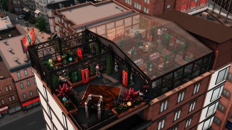 Sims 4 Rooftop Bar, Sims 4 Rooftop Lounge, Rooftop Hangout, Sims 4 Bar, Drinks At The Bar, Maxis Mix Cc, Sims 4 Lots, Sims 4 House Building, Casas The Sims 4