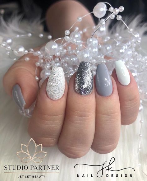 40+ Examples Of Grey & Silver Nails For A Cool Manicure | Silver Wedding Anniversary Nails, Gray White And Silver Nails, Gray White Chrome Nails, Silver Anniversary Nails, Gunmetal Gray Nails, Light Blue And Grey Nails, Grey And Rose Gold Nails, Silver And Grey Nails, White Nails With Silver Designs