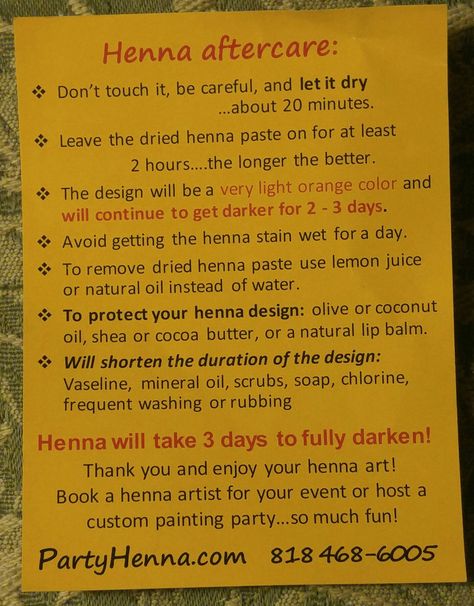 Henna Aftercare Instructions Henna Aftercare Instructions, How To Get Henna Off Skin, Henna Recipe For Skin, Henna Diy Design, How To Make Henna Last Longer, Henna Instructions, Diy Henna Tattoo Recipe, Henna Business Ideas, Henna After Care Instructions